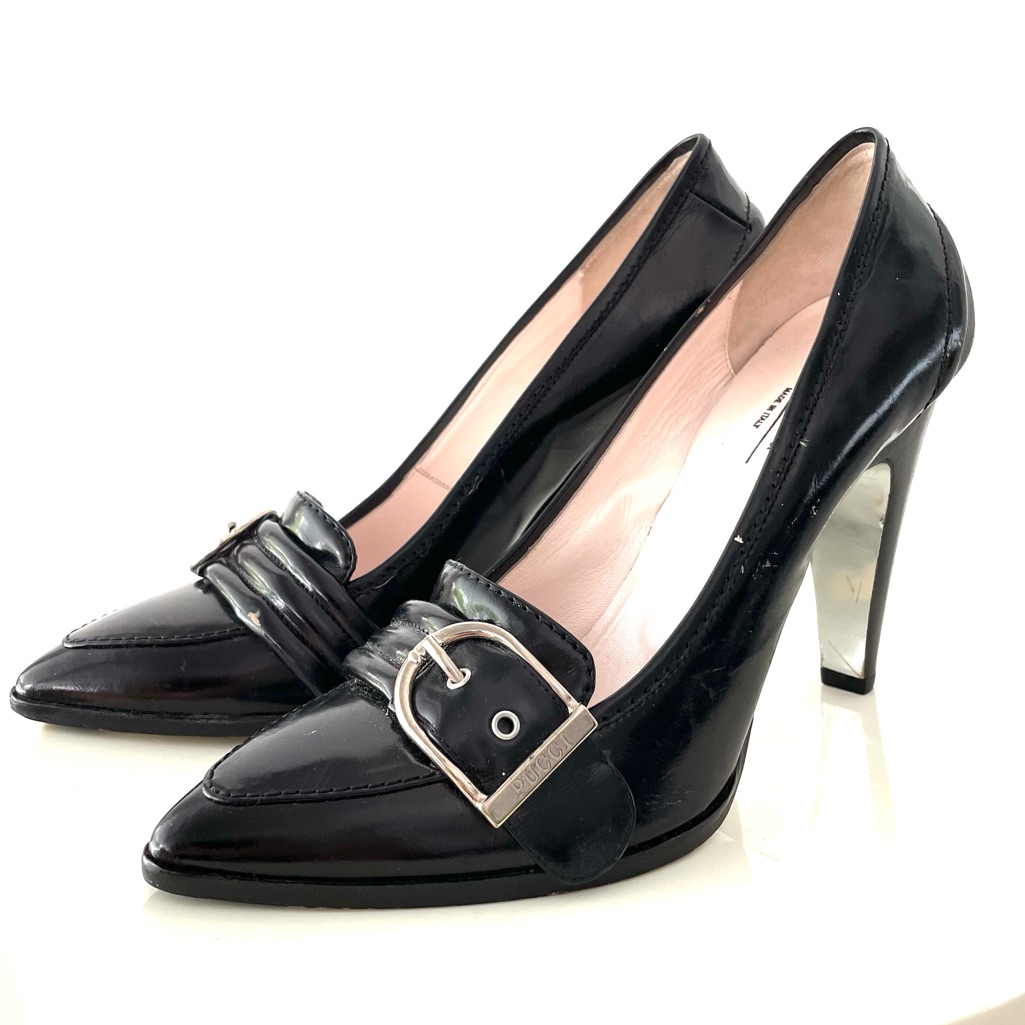 Emilio Pucci Black Leather Buckle Heels 38